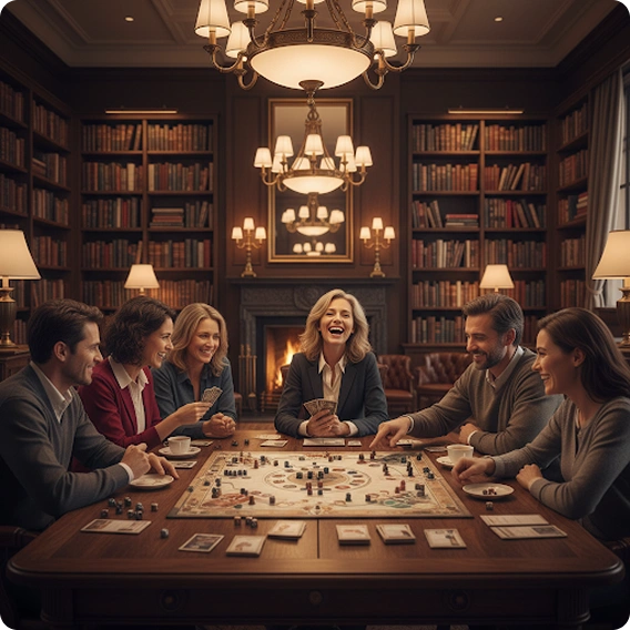 Gemeenschapsleden verzameld rond een grote tafel die een tafelstrategie spel spelen in een gastvrije bordspelclub, ontworpen voor sociale avonden en groepsinteractie.