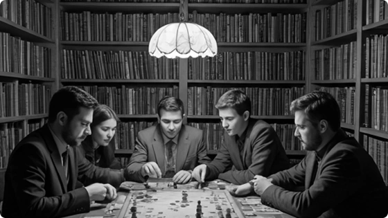 Groep volwassen spelers rond een tafel, gefocust op een strategiespel, wat teamwork, concentratie en sociale interactie tijdens clubactiviteiten aantoont.